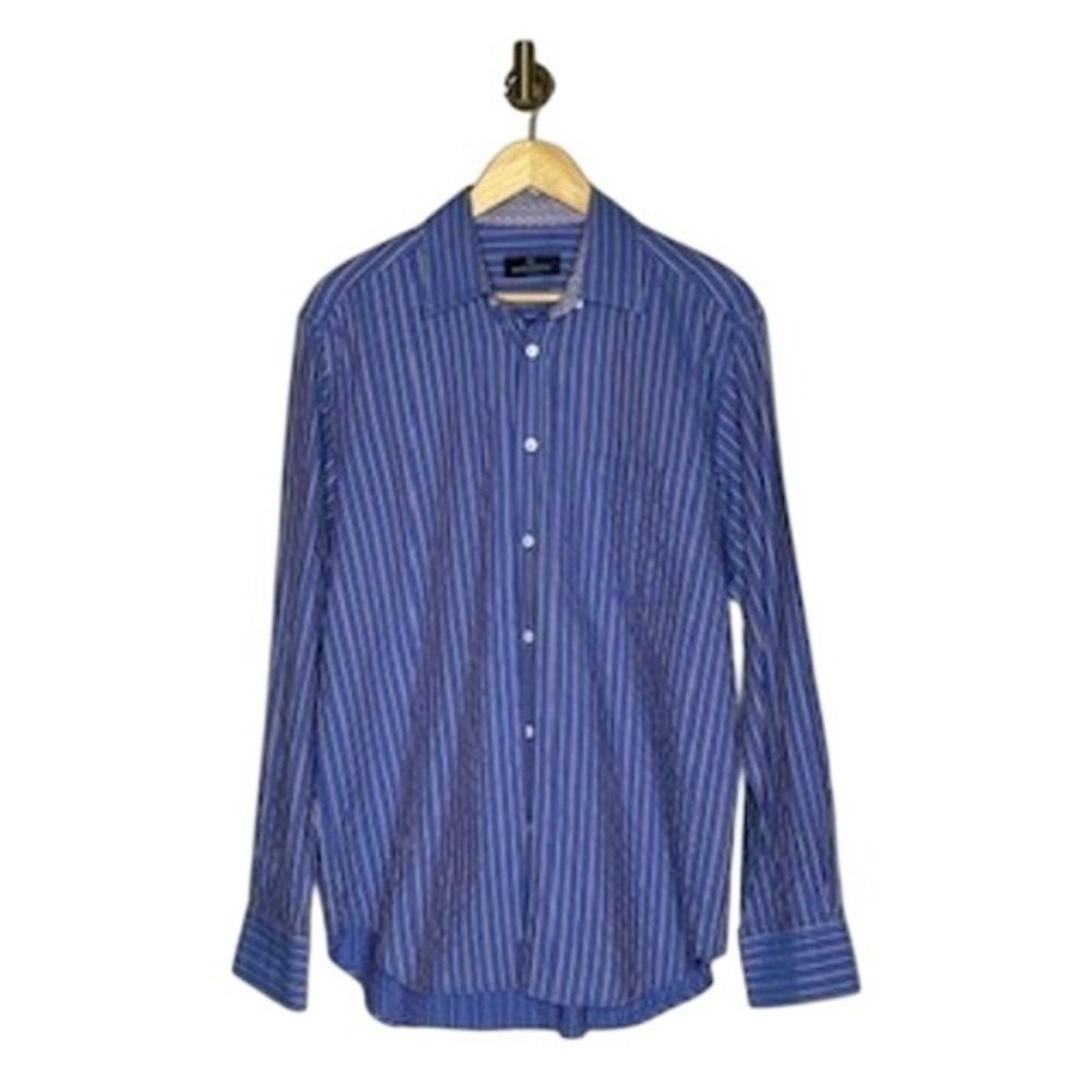 Bugatchi Uomo Blue Purple Stripe‎ Dress Shirt Men's XL Shaped Fit